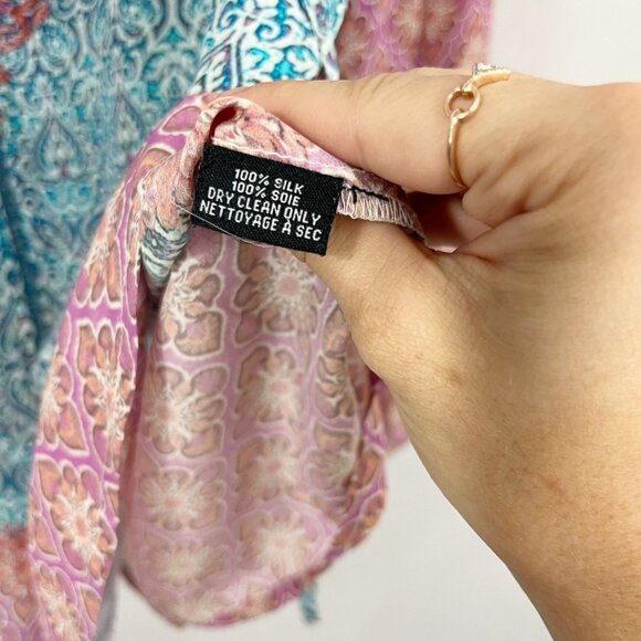 Tolani Blue Pink Mandala Print Top Peasant Silk Puff Sleeve Boho - Size Large - Picture 6 of 8